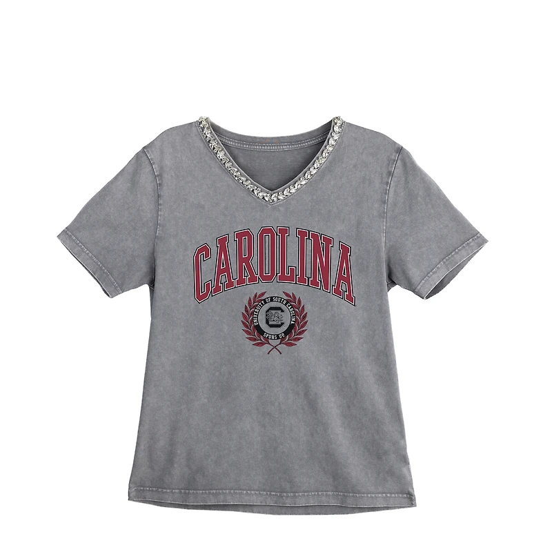 Women's Gameday Couture Gray South Carolina Gamecocks Iconic Edge Rhinestone V-Neck T-Shirt