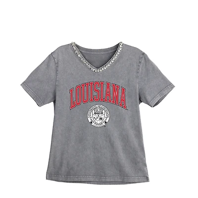 Women's Gameday Couture Gray Louisiana Ragin' Cajuns Iconic Edge Rhinestone V-Neck T-Shirt