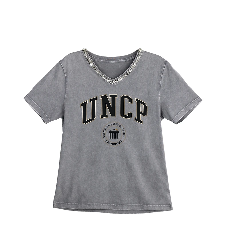 Women's Gameday Couture Gray University of North Carolina at Pembroke Braves Iconic Edge Rhinestone V-Neck T-Shirt