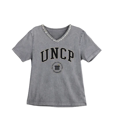 Women's Gameday Couture Gray University of North Carolina at Pembroke Braves Iconic Edge Rhinestone V-Neck T-Shirt
