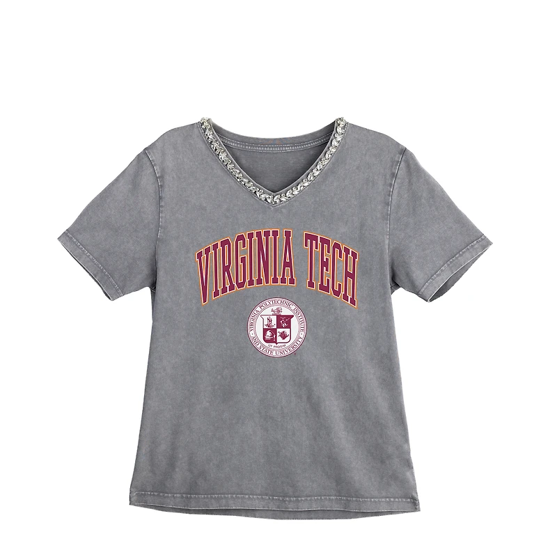 Women's Gameday Couture Gray Virginia Tech Hokies Iconic Edge Rhinestone V-Neck T-Shirt