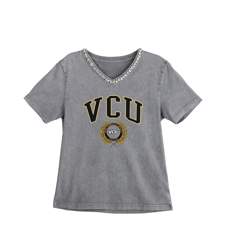 Women's Gameday Couture Gray VCU Rams Iconic Edge Rhinestone V-Neck T-Shirt