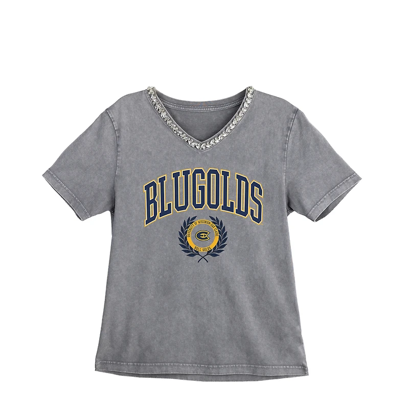 Women's Gameday Couture Gray Wisconsin Eau Claire Blugolds Iconic Edge Rhinestone V-Neck T-Shirt