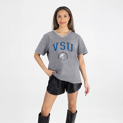 Women's Gameday Couture Gray Virginia State Trojans Iconic Edge Rhinestone V-Neck T-Shirt