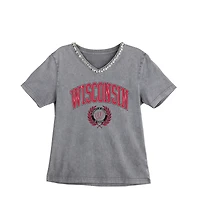 Women's Gameday Couture Gray Wisconsin Badgers Iconic Edge Rhinestone V-Neck T-Shirt