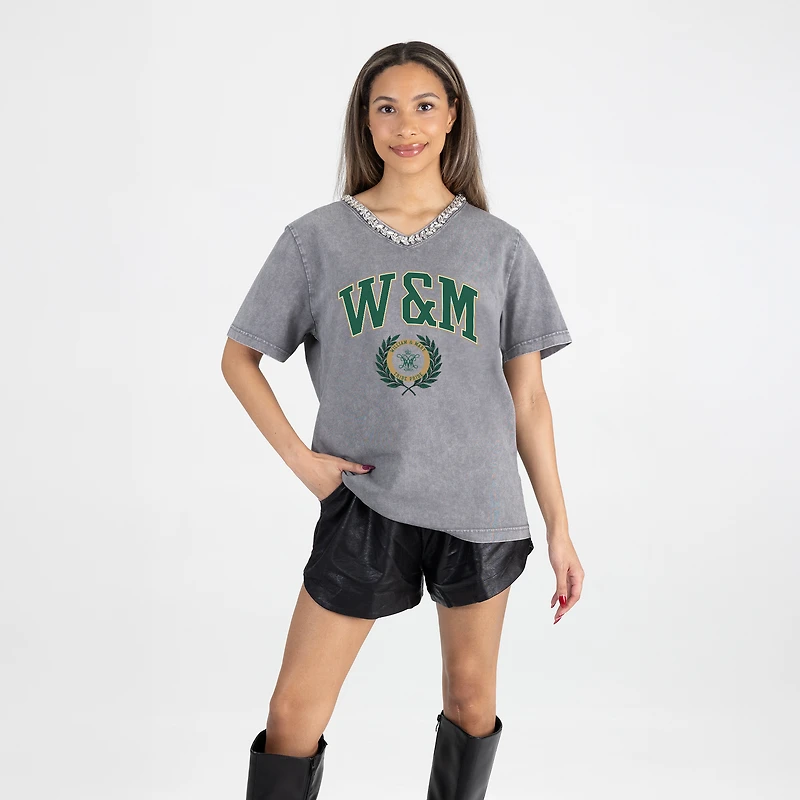 Women's Gameday Couture Gray William & Mary Tribe Iconic Edge Rhinestone V-Neck T-Shirt