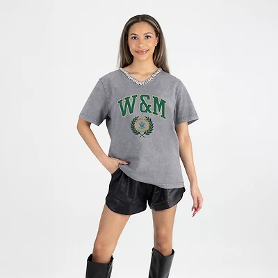 Women's Gameday Couture Gray William & Mary Tribe Iconic Edge Rhinestone V-Neck T-Shirt