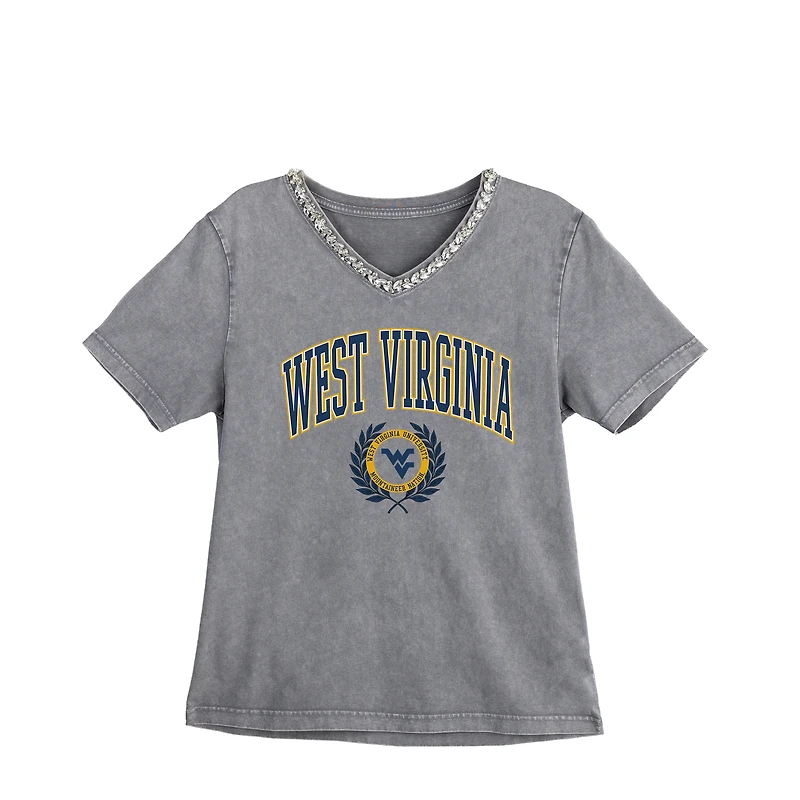 Women's Gameday Couture Gray West Virginia Mountaineers Iconic Edge Rhinestone V-Neck T-Shirt
