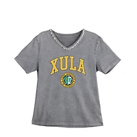 Women's Gameday Couture Gray Xavier University of Louisiana Gold Rush Iconic Edge Rhinestone V-Neck T-Shirt