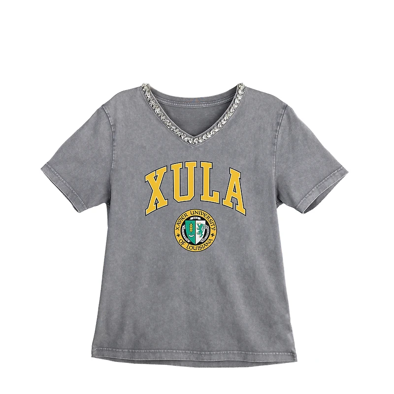 Women's Gameday Couture Gray Xavier University of Louisiana Gold Rush Iconic Edge Rhinestone V-Neck T-Shirt