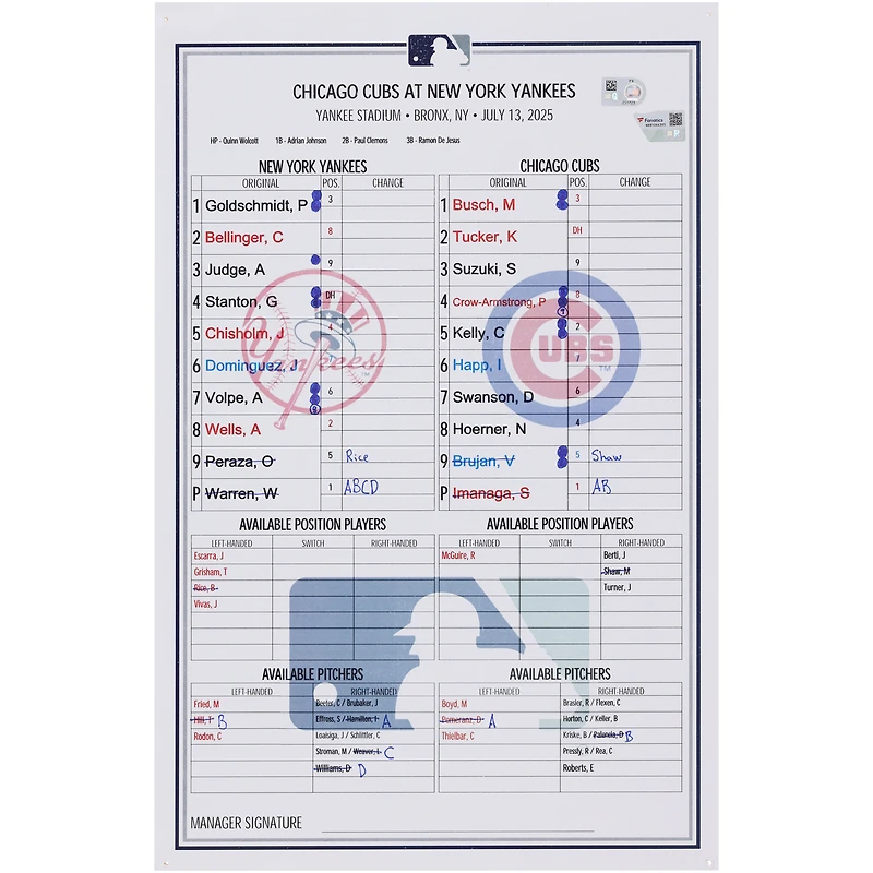 New York Yankees Game-Used Lineup Card vs. Chicago Cubs on July 13, 2025