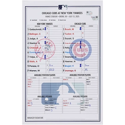 New York Yankees Game-Used Lineup Card vs. Chicago Cubs on July 13, 2025