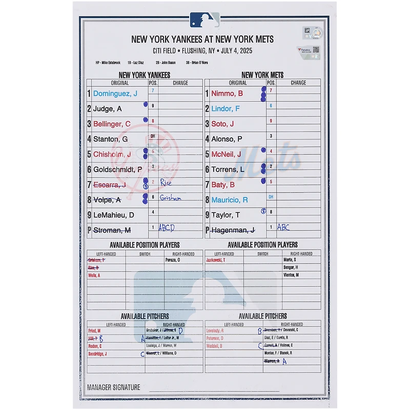 New York Yankees Game-Used Lineup Card vs. New York Mets on July 4, 2025