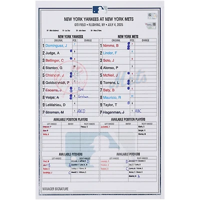 New York Yankees Game-Used Lineup Card vs. New York Mets on July 4, 2025