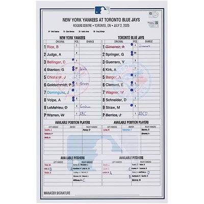 New York Yankees Game-Used Lineup Card vs. Toronto Blue Jays on July 2, 2025