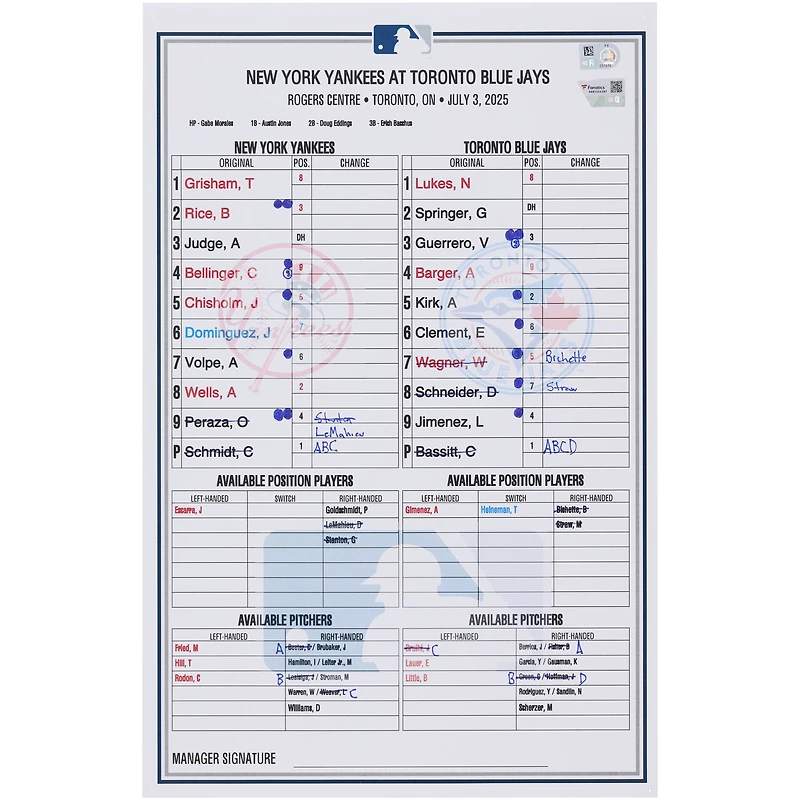 New York Yankees Game-Used Lineup Card vs. Toronto Blue Jays on July 3, 2025