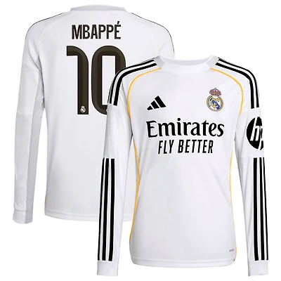 Youth adidas Kylian Mbappé White Real Madrid 2025/26 Home Replica Long Sleeve Player Jersey