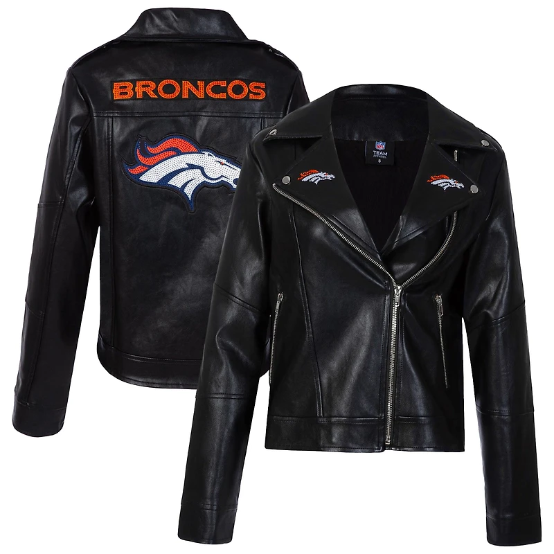 Women's Cuce Black Denver Broncos Vegan Leather Full-Zip Moto Jacket with Rhinestones