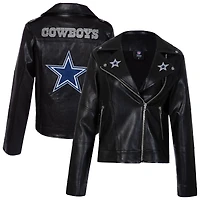 Women's Cuce Black Dallas Cowboys Vegan Leather Full-Zip Moto Jacket with Rhinestones
