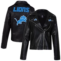Women's Cuce Black Detroit Lions Vegan Leather Full-Zip Moto Jacket with Rhinestones