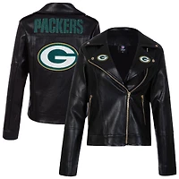 Women's Cuce Black Green Bay Packers Vegan Leather Full-Zip Moto Jacket with Rhinestones
