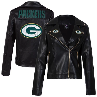 Women's Cuce Black Green Bay Packers Vegan Leather Full-Zip Moto Jacket with Rhinestones