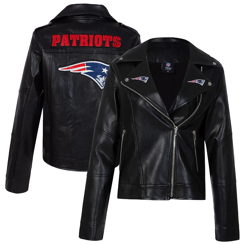 Women's Cuce Black New England Patriots Vegan Leather Full-Zip Moto Jacket with Rhinestones