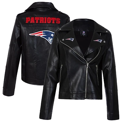 Women's Cuce Black New England Patriots Vegan Leather Full-Zip Moto Jacket with Rhinestones