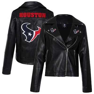 Women's Cuce Black Houston Texans Vegan Leather Full-Zip Moto Jacket with Rhinestones