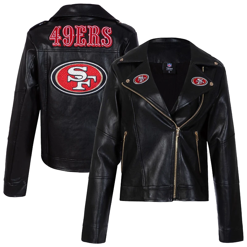 Women's Cuce Black San Francisco 49ers Vegan Leather Full-Zip Moto Jacket with Rhinestones