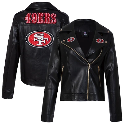 Women's Cuce Black San Francisco 49ers Vegan Leather Full-Zip Moto Jacket with Rhinestones