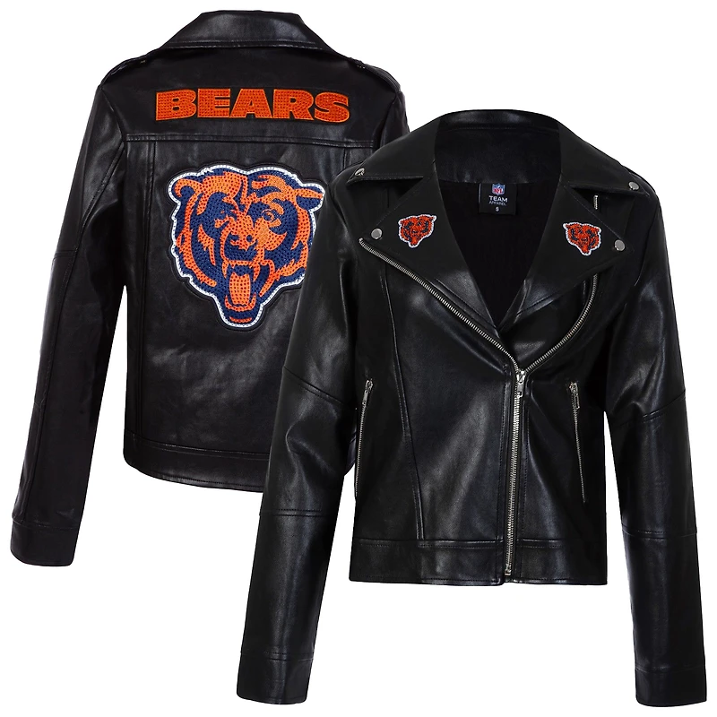 Women's Cuce Black Chicago Bears Vegan Leather Full-Zip Moto Jacket with Rhinestones