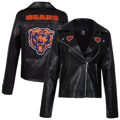 Women's Cuce Black Chicago Bears Vegan Leather Full-Zip Moto Jacket with Rhinestones