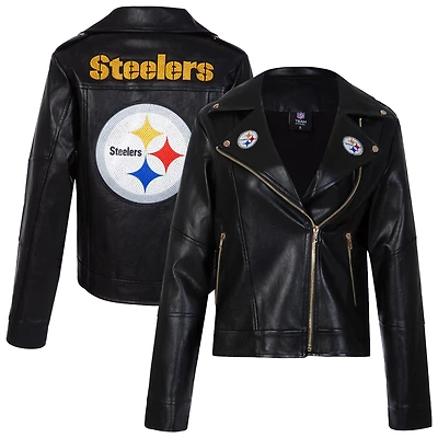 Women's Cuce Black Pittsburgh Steelers Vegan Leather Full-Zip Moto Jacket with Rhinestones