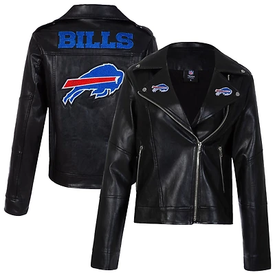 Women's Cuce Black Buffalo Bills Vegan Leather Full-Zip Moto Jacket with Rhinestones