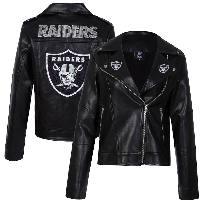 Women's Cuce Black Las Vegas Raiders Vegan Leather Full-Zip Moto Jacket with Rhinestones