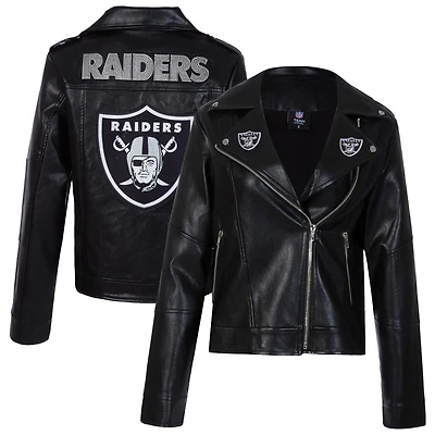 Women's Cuce Black Las Vegas Raiders Vegan Leather Full-Zip Moto Jacket with Rhinestones