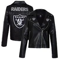 Women's Cuce Black Las Vegas Raiders Vegan Leather Full-Zip Moto Jacket with Rhinestones