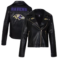 Women's Cuce Black Baltimore Ravens Vegan Leather Full-Zip Moto Jacket with Rhinestones