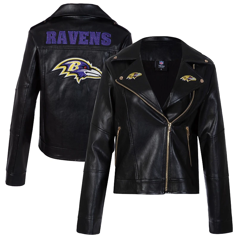 Women's Cuce Black Baltimore Ravens Vegan Leather Full-Zip Moto Jacket with Rhinestones