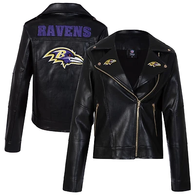 Women's Cuce Black Baltimore Ravens Vegan Leather Full-Zip Moto Jacket with Rhinestones