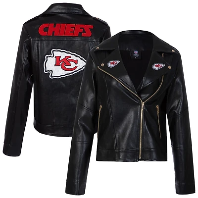 Women's Cuce Black Kansas City Chiefs Vegan Leather Full-Zip Moto Jacket with Rhinestones