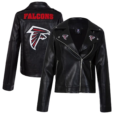 Women's Cuce Black Atlanta Falcons Vegan Leather Full-Zip Moto Jacket with Rhinestones