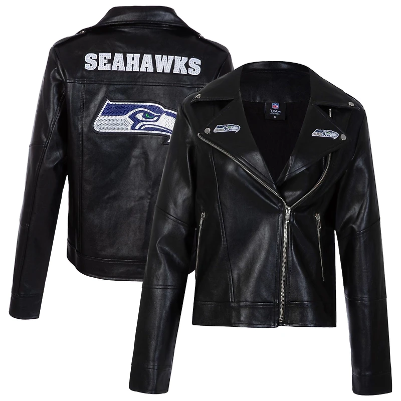 Women's Cuce Black Seattle Seahawks Vegan Leather Full-Zip Moto Jacket with Rhinestones