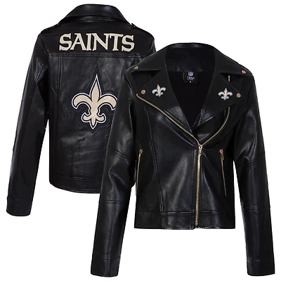 Women's Cuce Black New Orleans Saints Vegan Leather Full-Zip Moto Jacket with Rhinestones