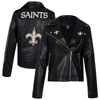 Women's Cuce Black New Orleans Saints Vegan Leather Full-Zip Moto Jacket with Rhinestones