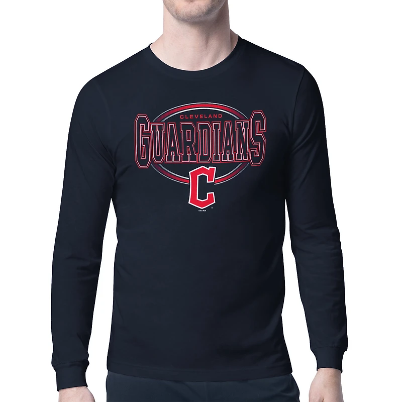 Men's Starter Navy Cleveland Guardians Team Track Graphic Long Sleeve T-Shirt
