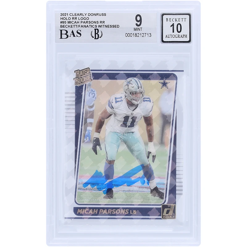 Micah Parsons Dallas Cowboys Autographed 2021 Panini Clearly Donruss Holo Rated Rookie Logo #95 Beckett Fanatics Witnessed Authenticated 9/10 Rookie Card