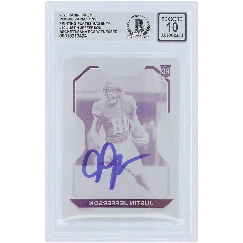 Justin Jefferson Minnesota Vikings Autographed 2020 Panini Prizm Rookie Variation Magenta Printing Plate #10 #1/1 Beckett Fanatics Witnessed Authenticated 10 Rookie Card