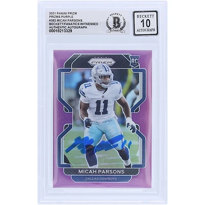 Micah Parsons Dallas Cowboys Autographed 2021 Panini Prizm Purple Prizm #382 #/125 Beckett Fanatics Witnessed Authenticated 10 Rookie Card